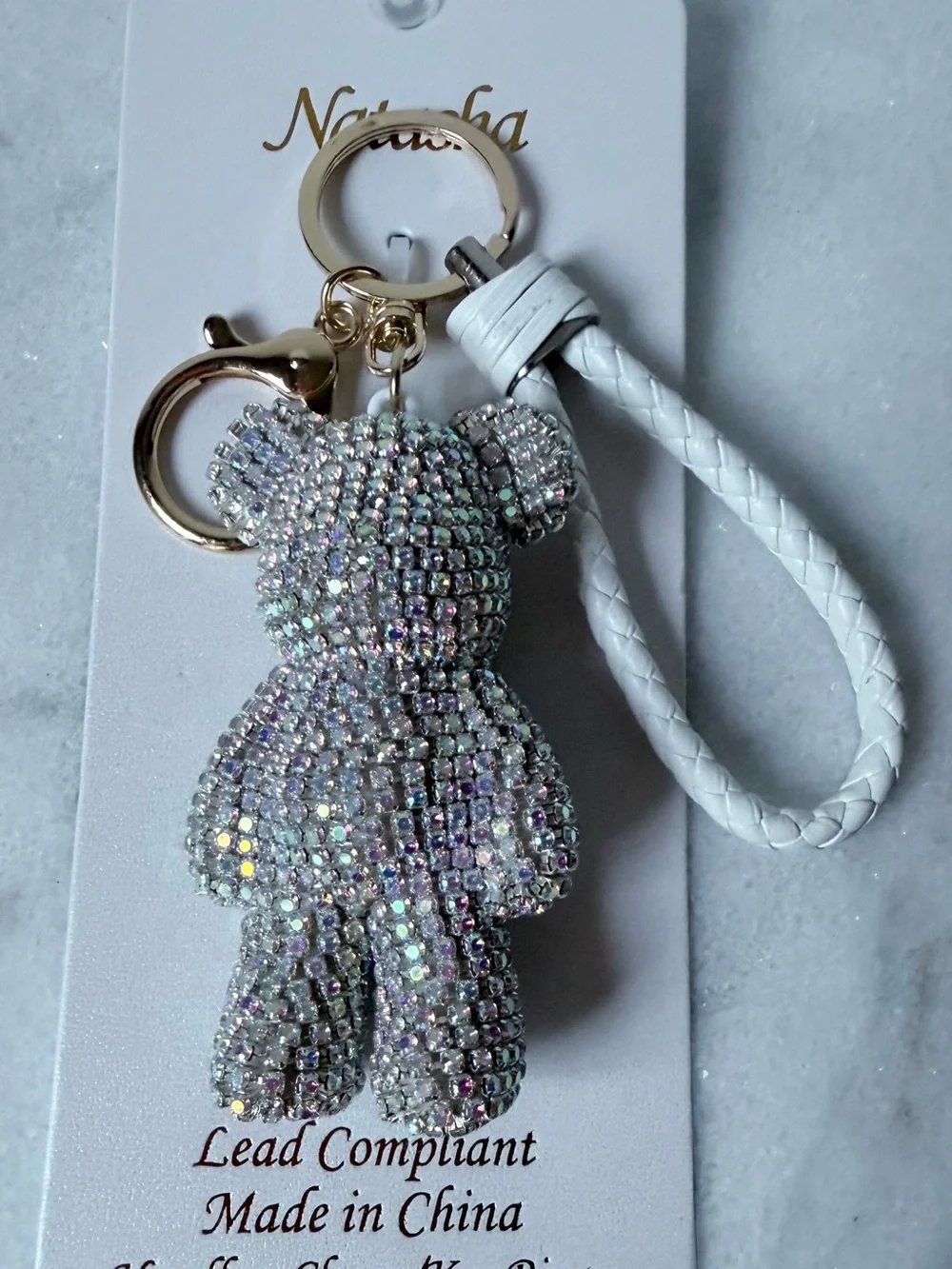 Natasha Couture White Braided Strap Crystal Teddy Bear Keychain